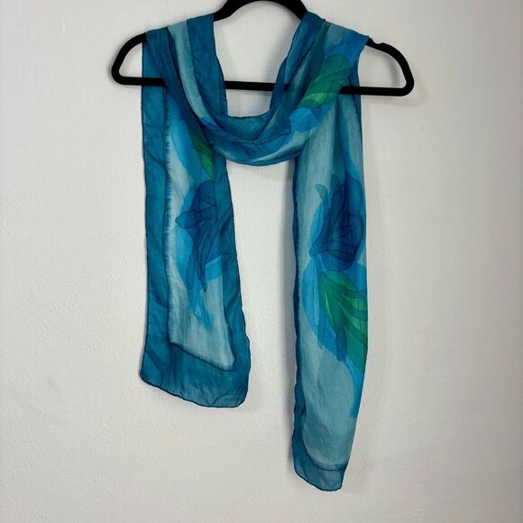 The Sak Vintage Silk Blue & Green Watercolor Scarf Fairy Office Old Money Artsy - Picture 2 of 9